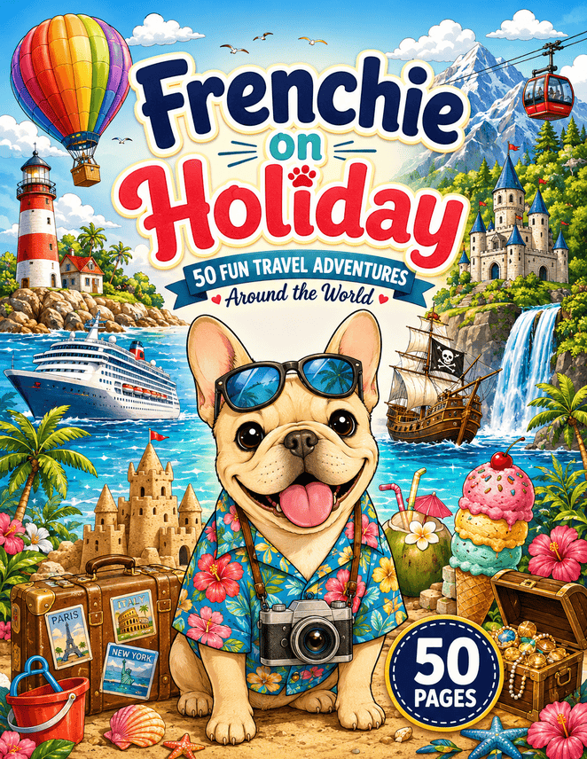 Frenchie on Holiday colouring book cover