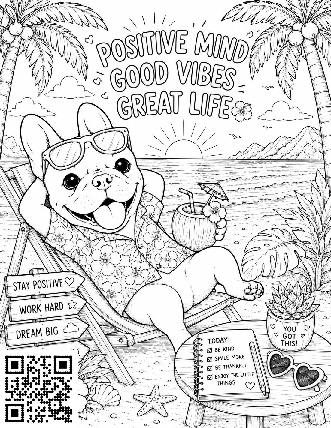 Frenchie on Holiday colouring page 1