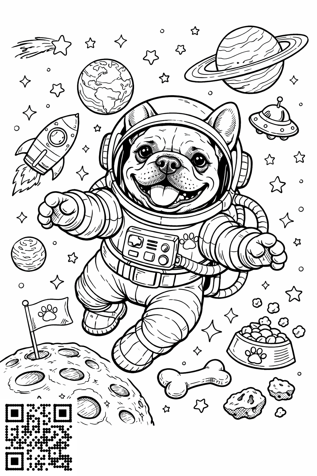 Frenchie in Space colouring page 1
